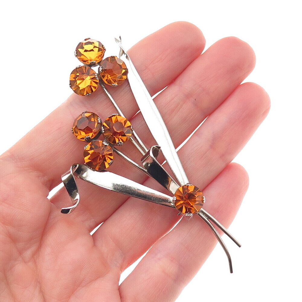925 Sterling Silver Vintage Rhinestone Modernist Floral Pin Brooch